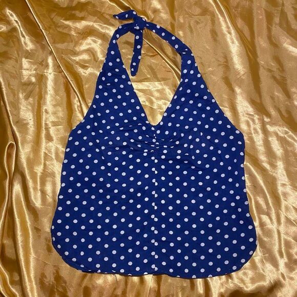Blue and White Polka Dot Halter Neck Backless Tank Top - Picture 2 of 5